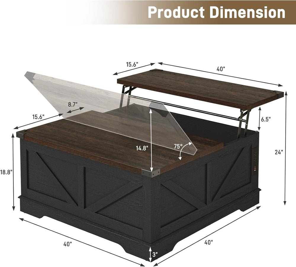 Hlivelood 40” Large Farmhouse Lift Top Coffee Table with Power Outlets and La...