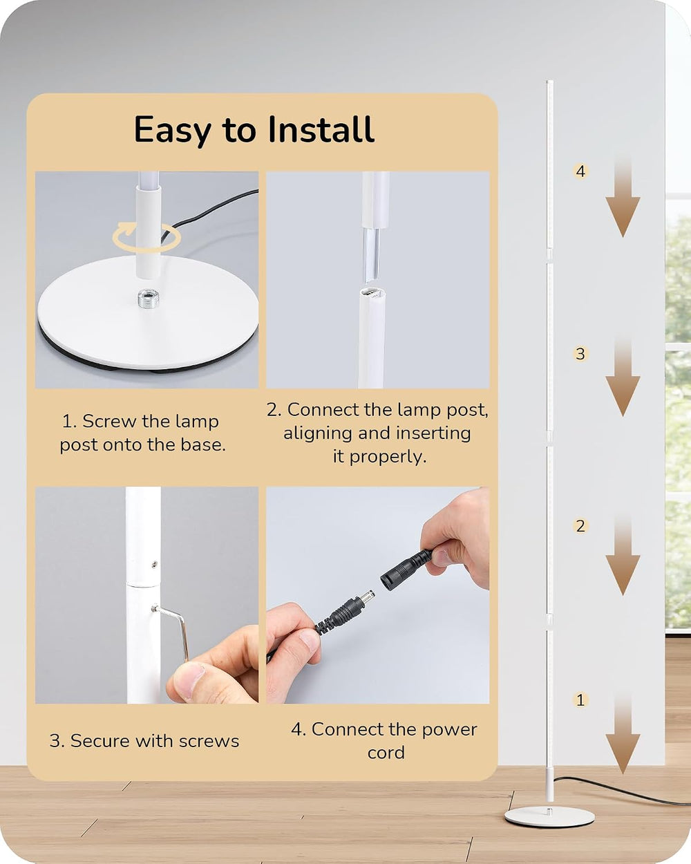 EDISHINE 59.8" Corner Lamp with Remote & 3 Height Settings, Dimmable...