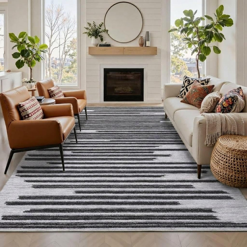 GarveeHome 8x10 Washable Living Room Rug Modern Striped Non Slip Carpet