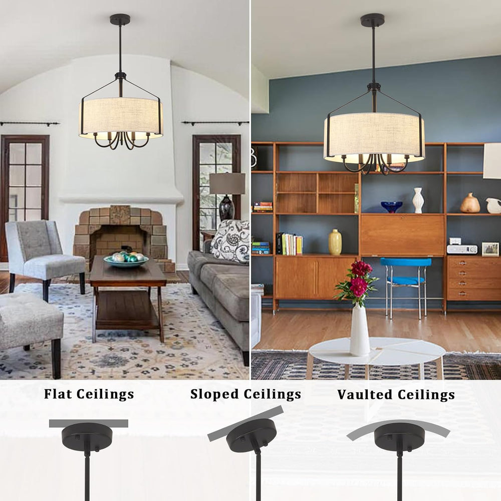 Farmhouse Chandelier for Dining Room, 5-Light Drum Chandelier with Black Meta...