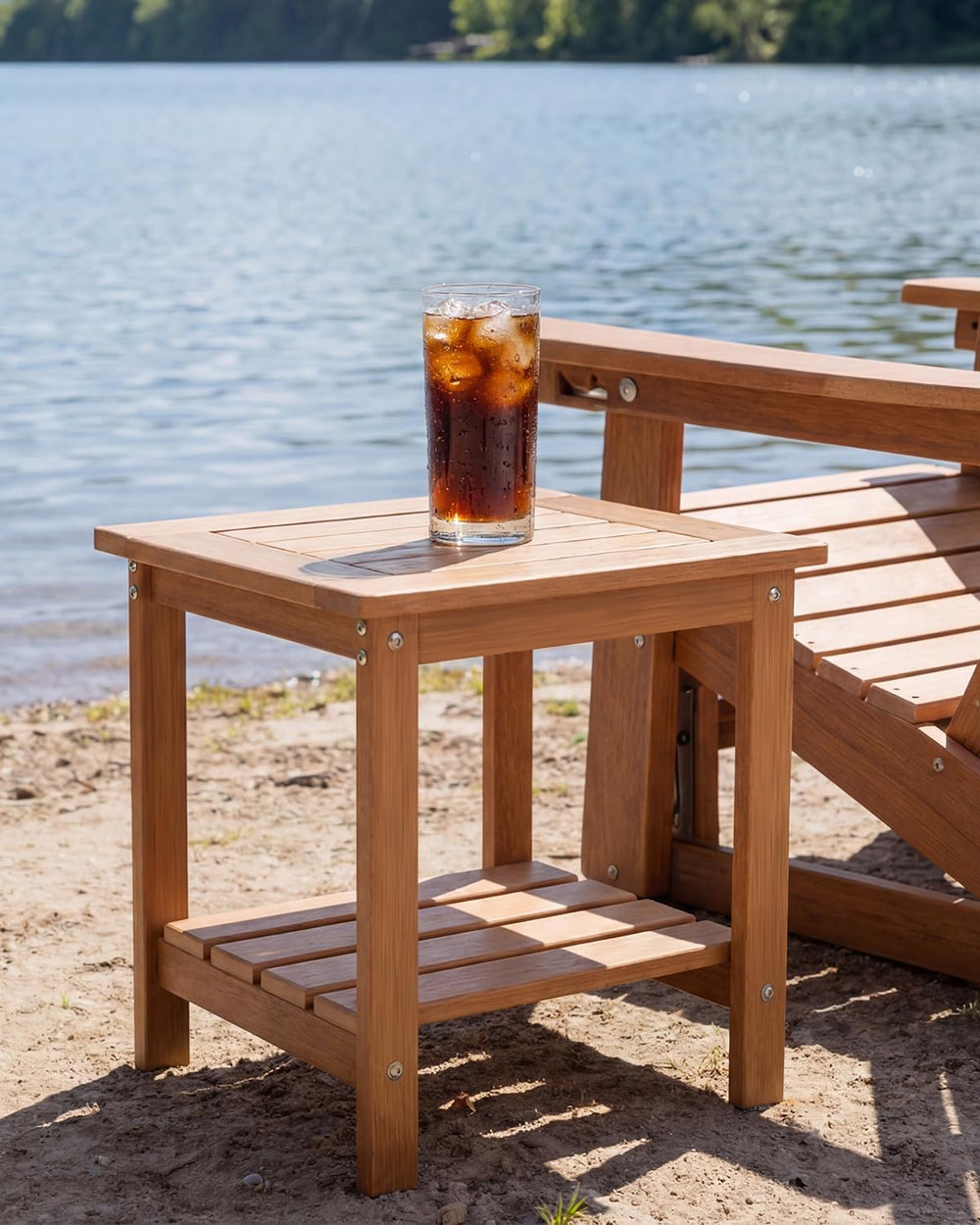 Outdoor Side Table, 2-Tier HDPE Small Patio Table, Teak