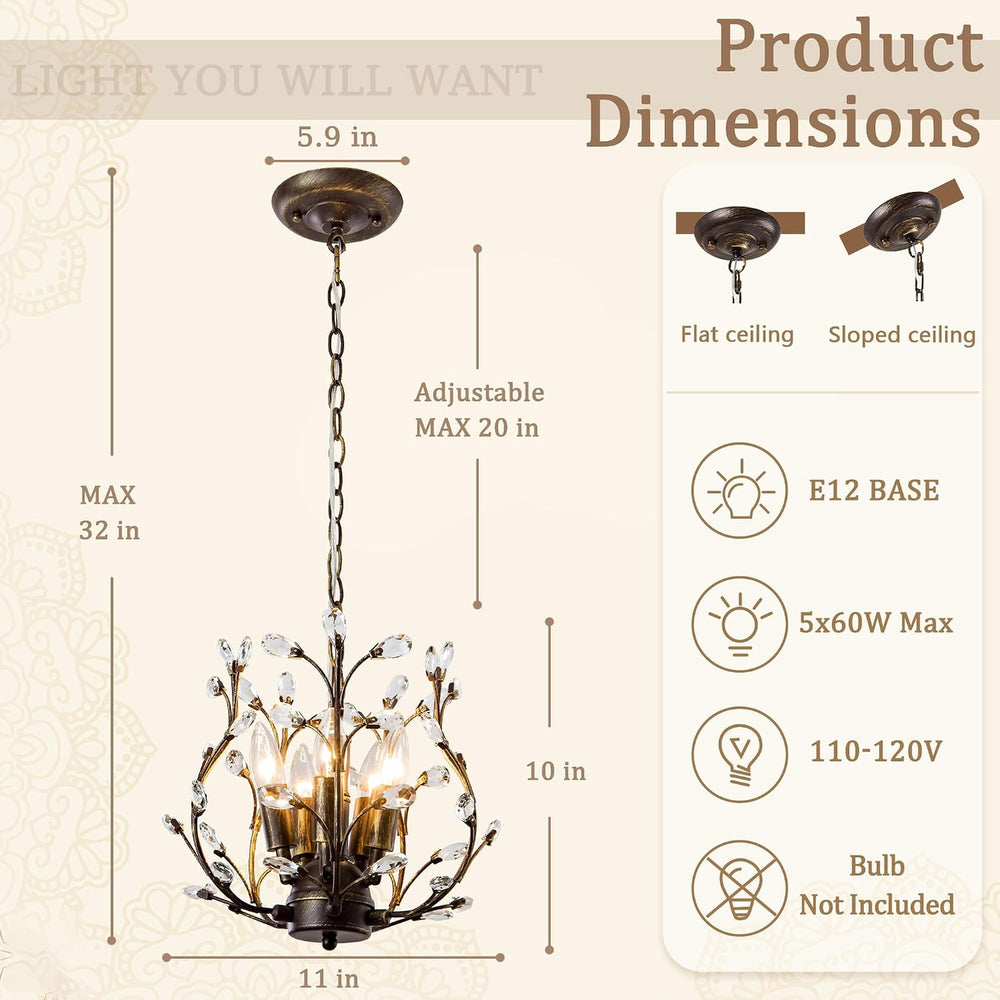 Vintage 5 Light Crystal Chandelier for Dining Room, Aged Bronze Tree Branch