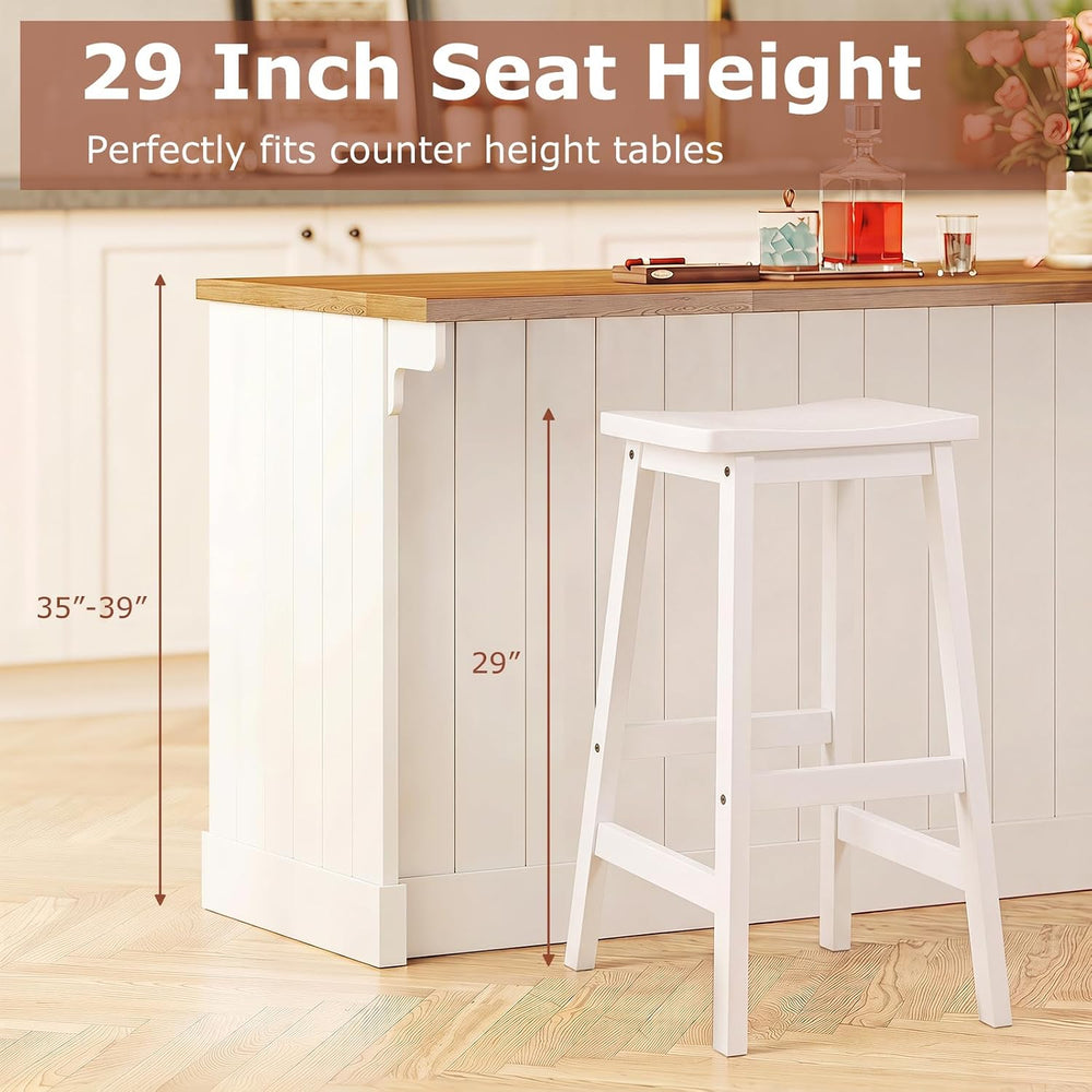 COSTWAY 29-inch Solid Wood Saddle Stools Set of 2 with Footrests, White
