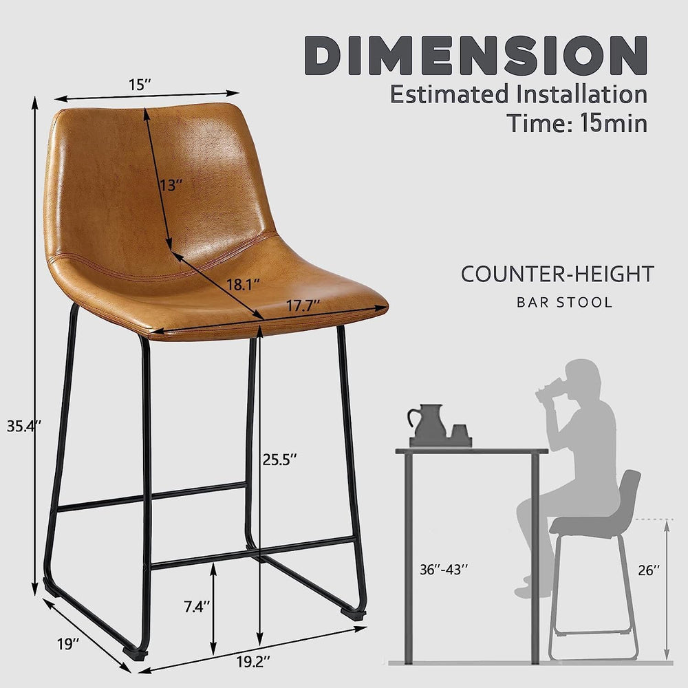 Waleaf 26 Inch Counter Height Bar Stools Set of 2, Faux Leather Bar Chairs