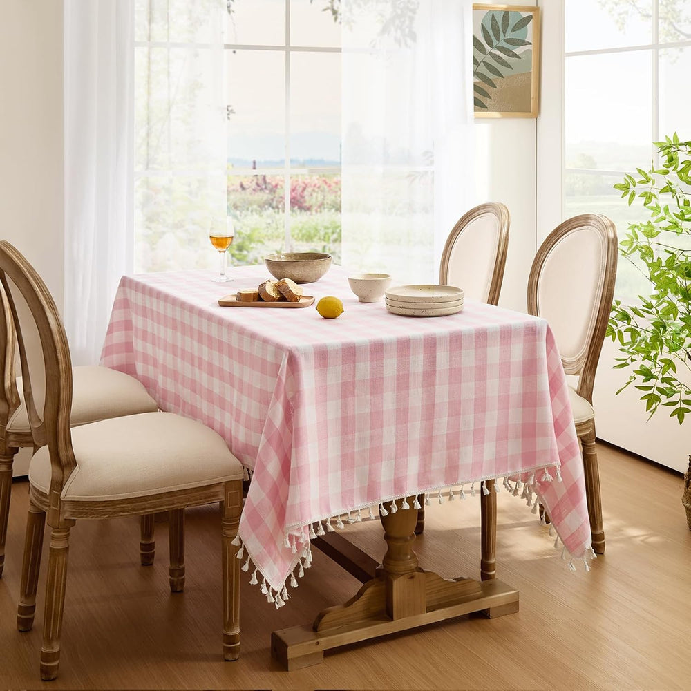 Softalker Gingham Rectangle Tablecloth with Tassel, Pink, 55" x 102"