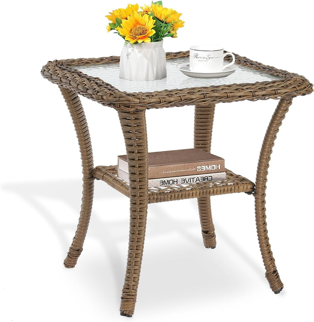 MEETWARM Wicker Outdoor Side Table, All-Weather Patio Rattan Side Table with ...
