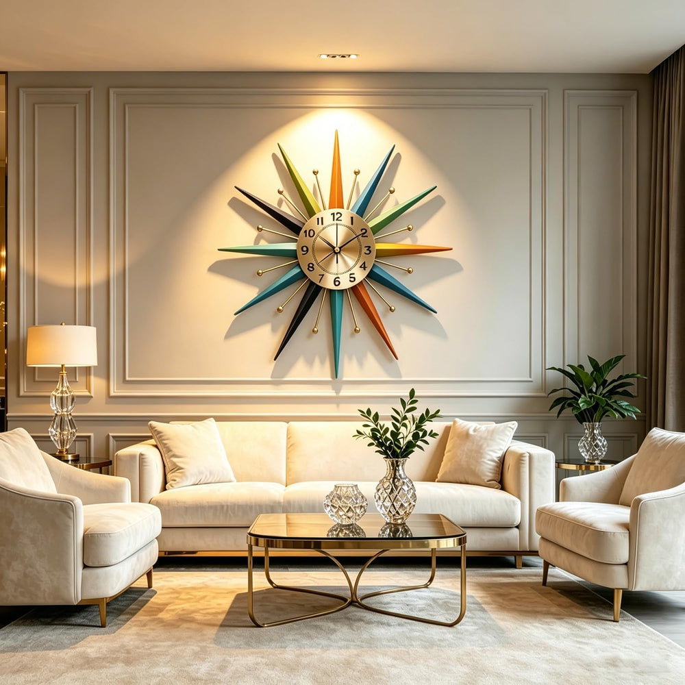 22 Inch Mid-Century Style Metal Crystal Wall Clock, Star-Shaped Silent Decora...