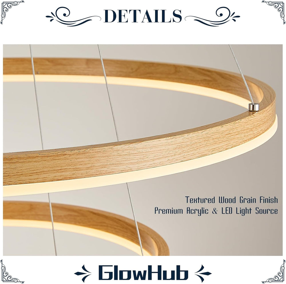 Modern LED Chandelier 24" Circular Pendant Light 3-Ring with Wood Grain ...