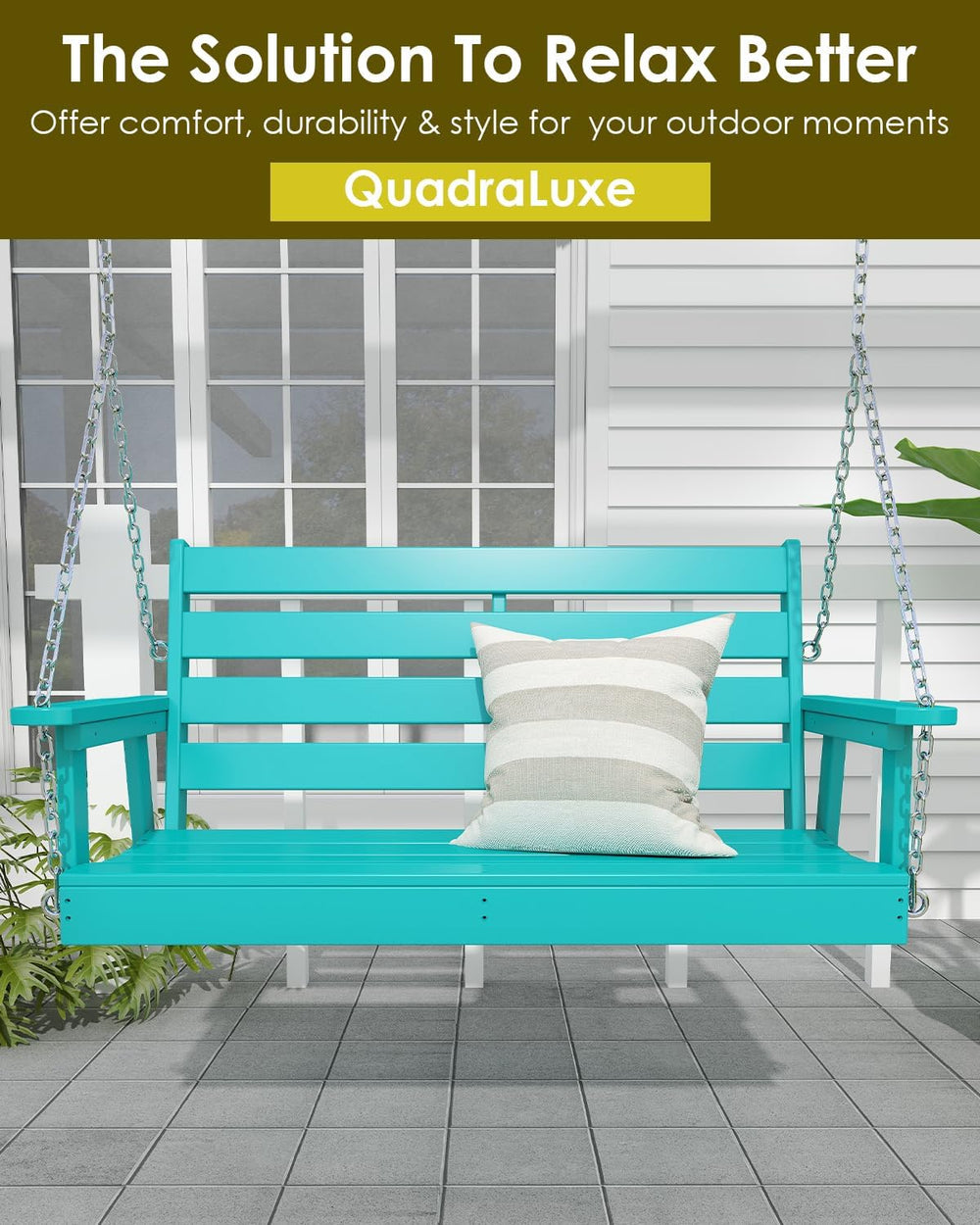 GREENVINES Outdoor Porch Swing, 2-Person HDPE Patio Bench Swings, Aqua