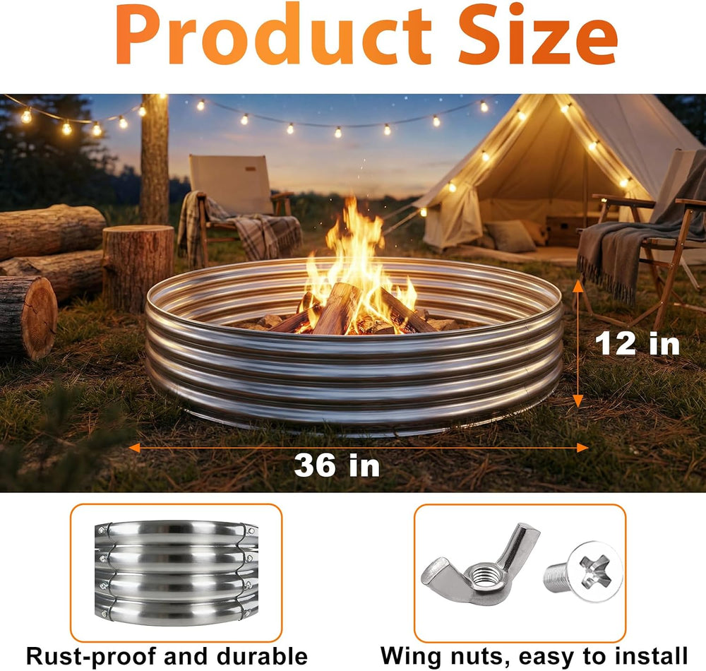 Fire Pit Ring for Outside Wood Burning, 36in Outdoor Fire Pit, Heavy Duty Ste...
