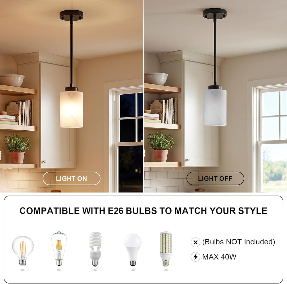 3-Pack Black Pendant Lights Kitchen Island, Modern Small Alabaster Glass Pend...