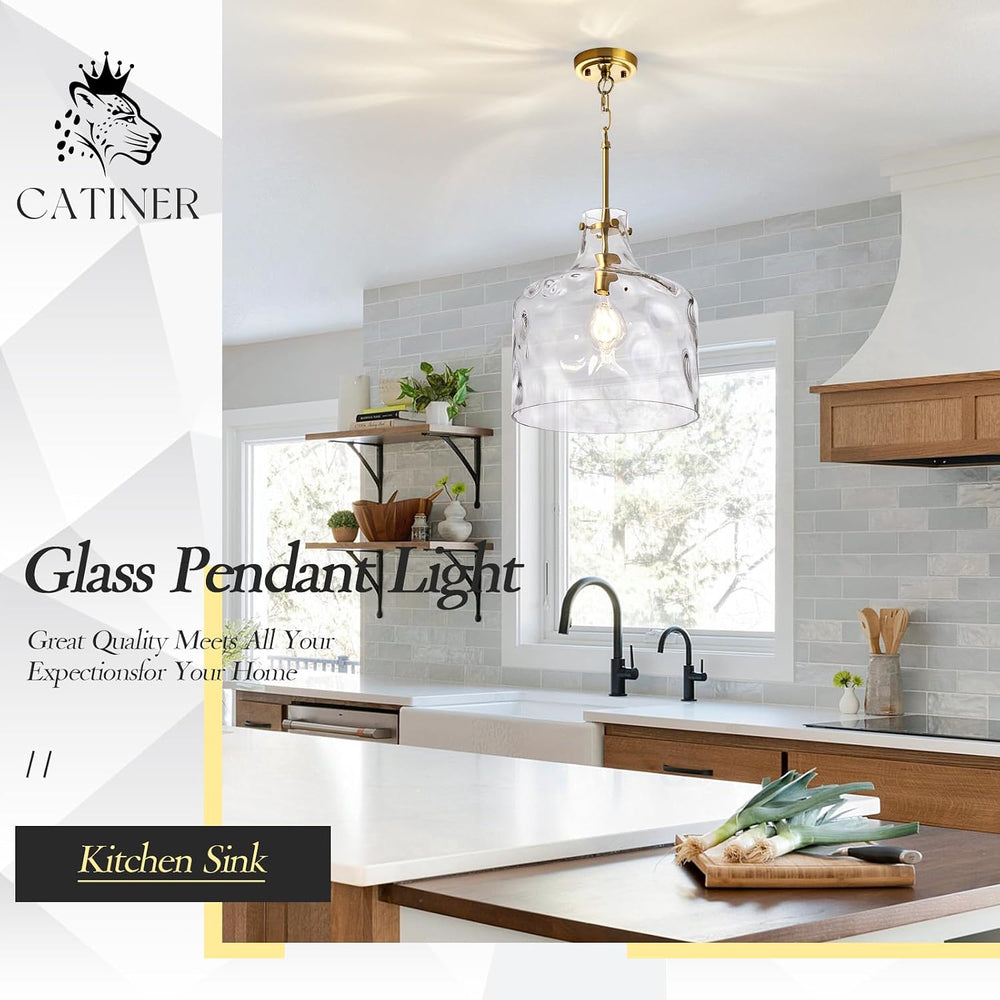 CATINER 16" Farmhouse Hammered Glass Pendant Light, Gold Hanging Light