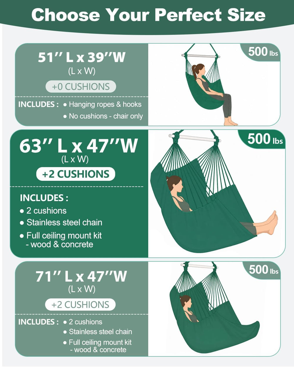 Lulladle Hammock Chair XXL with 2 Cushions, 500 lbs, All Hardware Included
