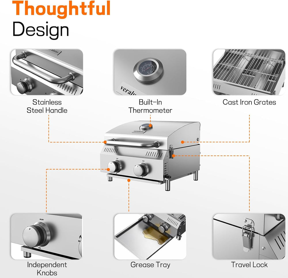 Veralune 2-Burner Tabletop Gas Grill, 22,000 BTU Stainless Steel Grill