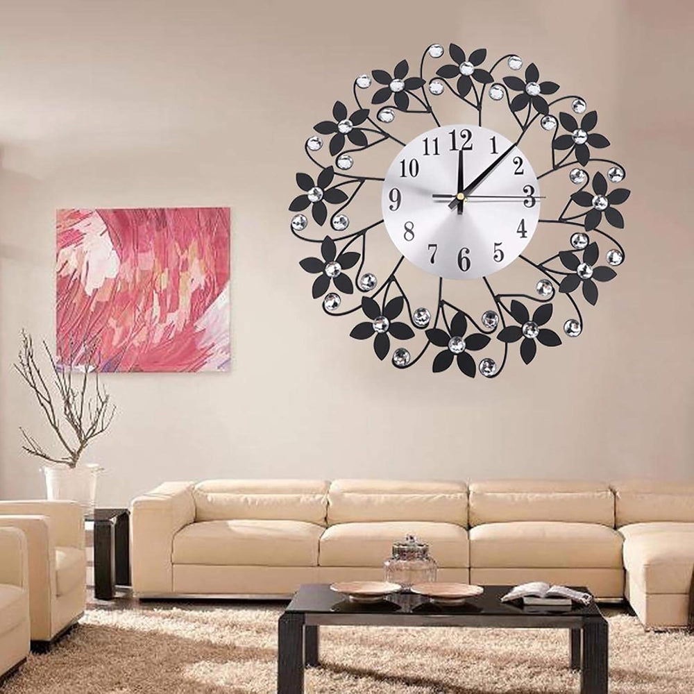 Battery Operated Black and Crystal Clock Wall Clock Decor Modern Metal Wall f...