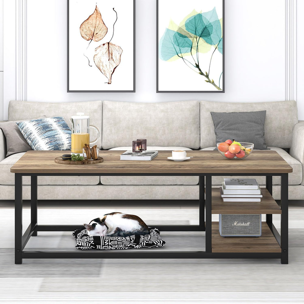 EXCEFUR Coffee Table with Storage Shelf, Modern Wood and Metal Center Table f...