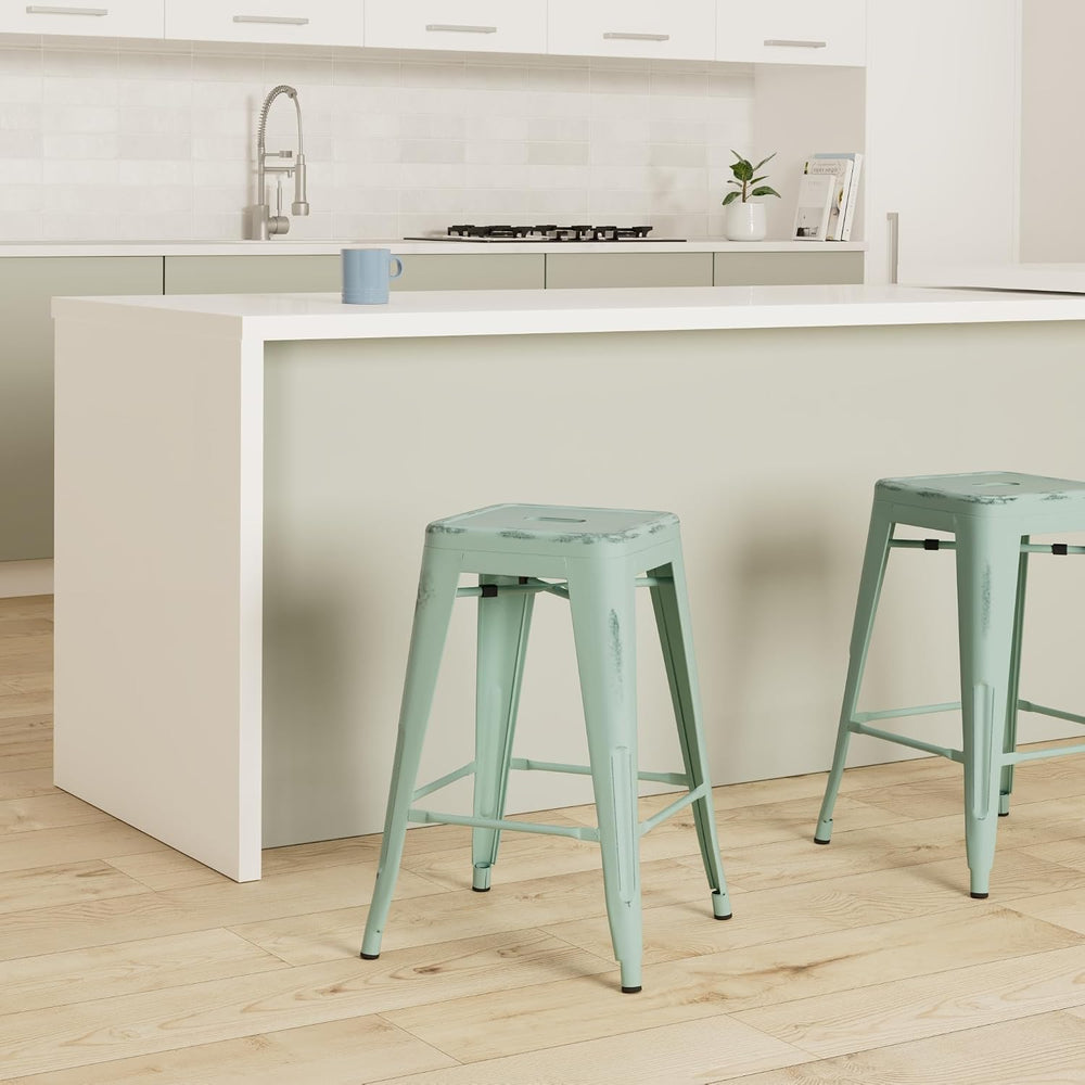 24 Inch Metal Bar Stools Set of 2, Stackable for Indoor Outdoor, Mint Green