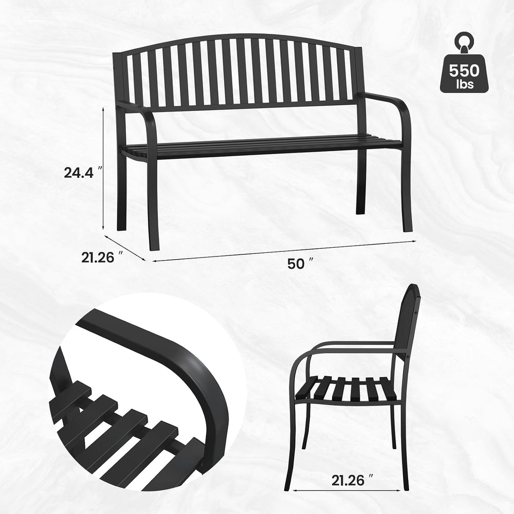 50" Outdoor Bench, Heavy-Duty Metal Frame Graden Bench, Weatherproof Pat...