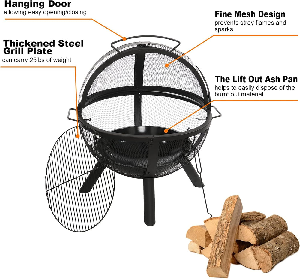 Ikuby Ball of Fire Pit fire Ball with BBQ Grill fire Globe Pit Large Round fi...