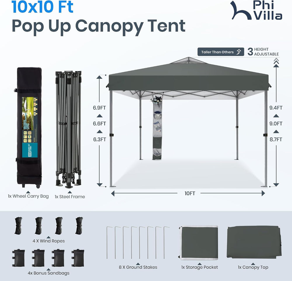 PHI VILLA 10x10 Pop up Canopy Tent, One Push Easy Set Instant Shade Tents