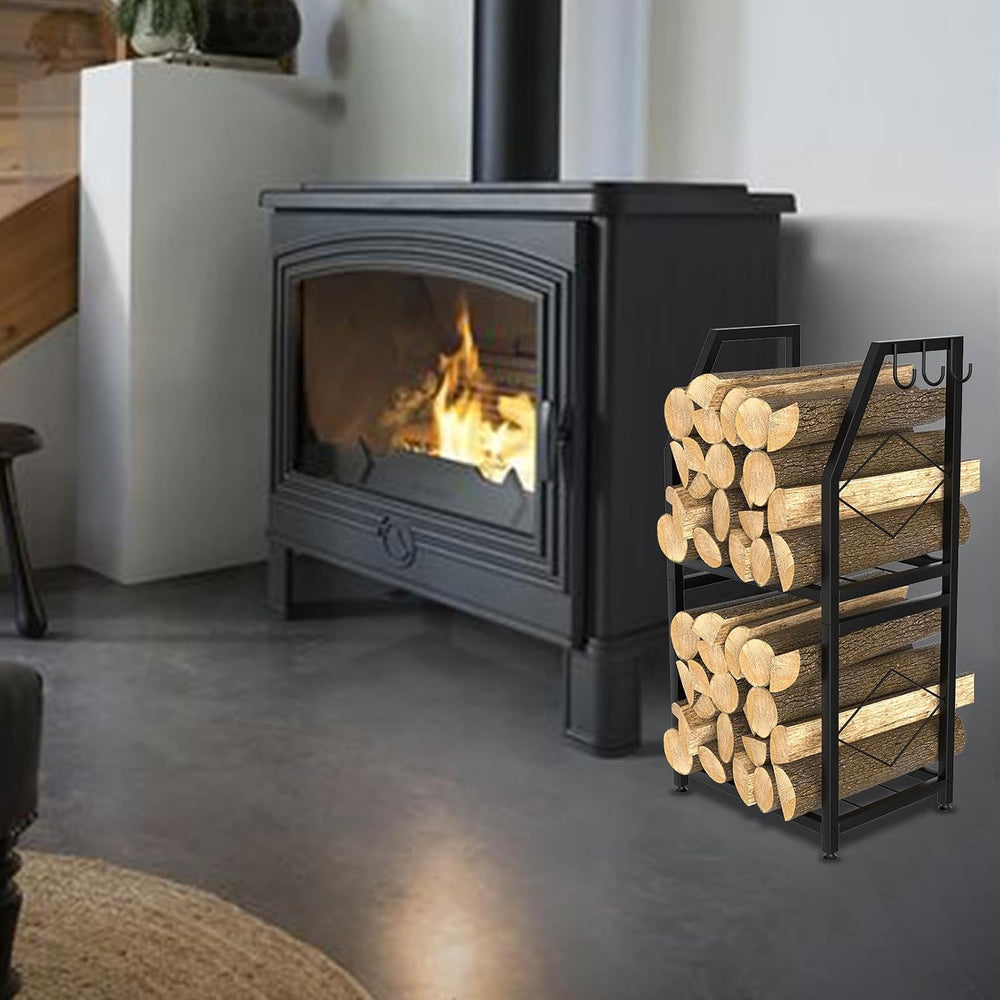 VyGrow Firewood Rack for Indoor, 2-Tier Firewood Holder with 3 Hanging Hooks,...