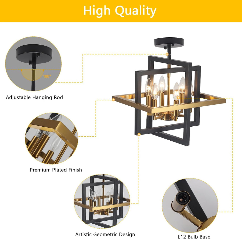 Small Black and Gold Chandelier- 6 Lights Geometric Pendant Light Fixture
