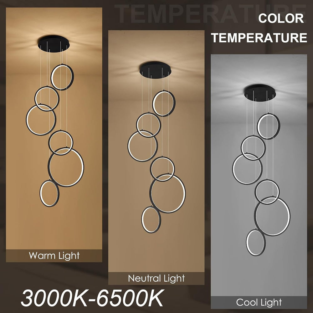 Benkut Modern LED Chandelier 6 Ring Black LED Pendant Light Adjustable Height...