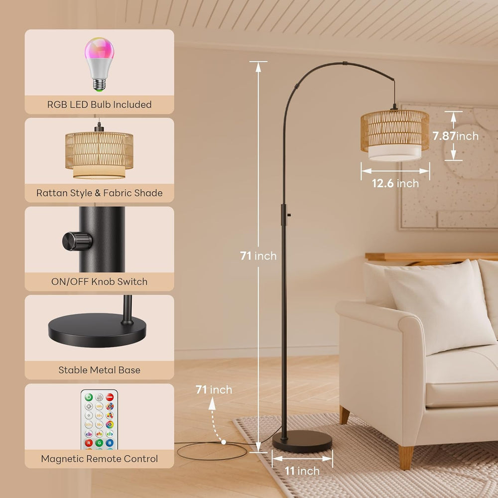 Boho Rattan Arc Floor Lamp, 71" RGB Color Changing, 3-in-1 Shade