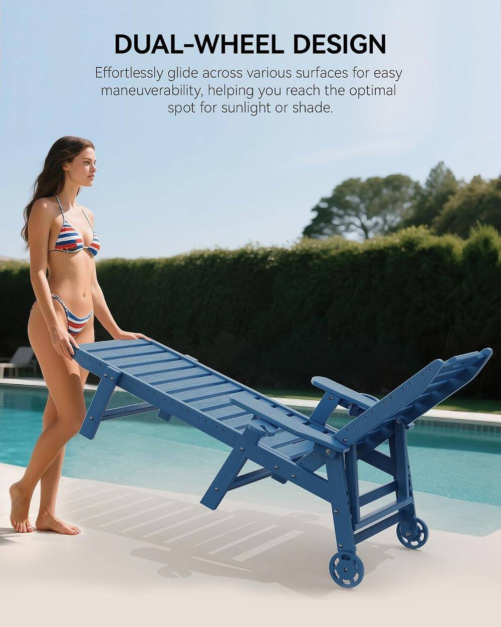 Carauci Lounge Chair Outdoor, HDPE Chaise Lounge with Wheels, 5-Position Adju...