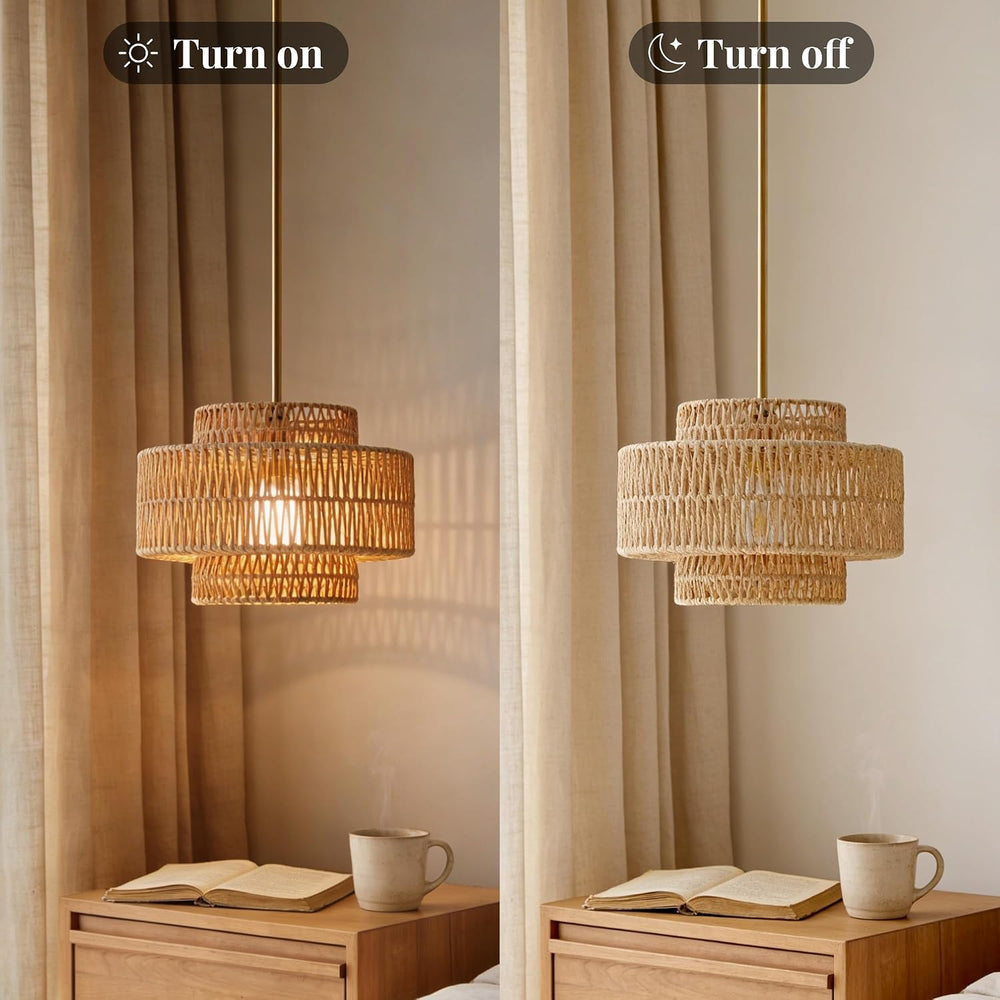 Phaosio 12.4" Boho Rattan Chandelier Hand Woven Rattan Pendant Light