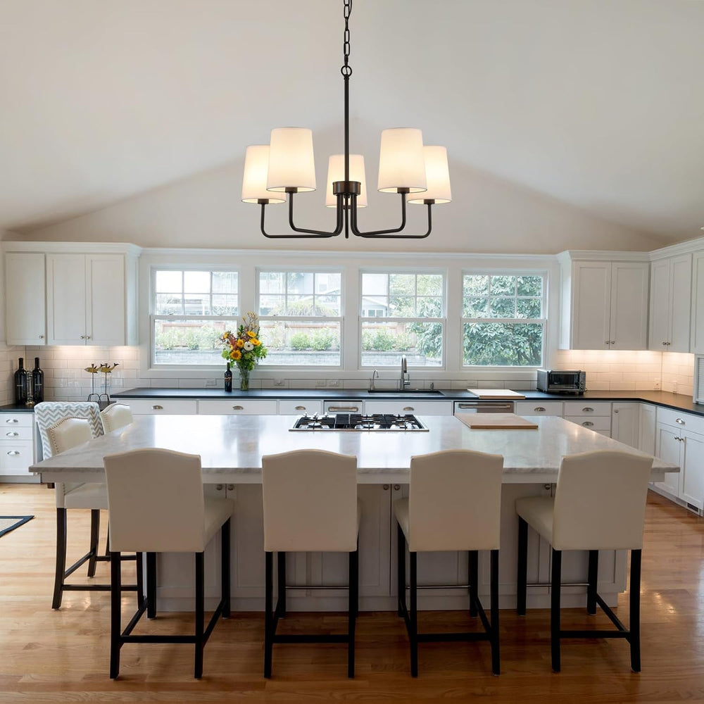 AMZASA Farmhouse Chandelier, Matte Black with White Fabric Shade, Farmhouse L...