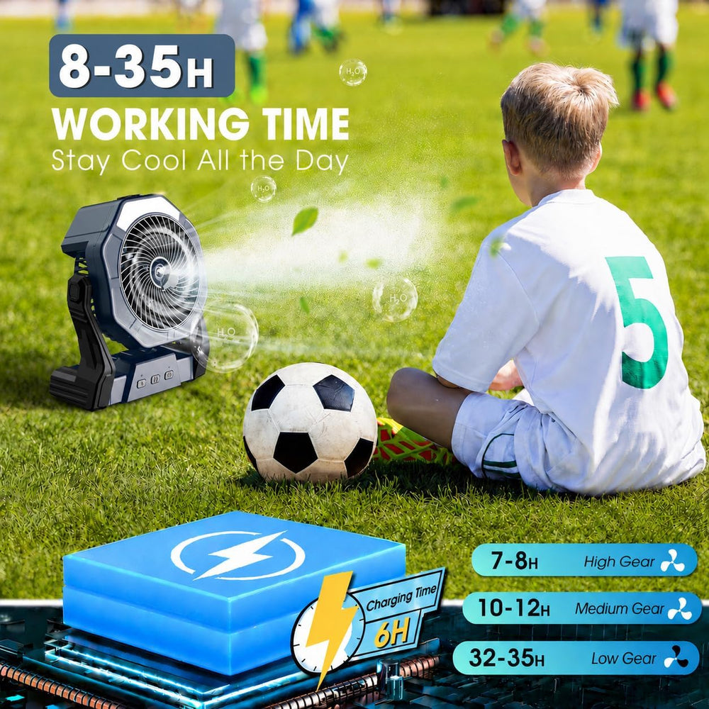 Ausic Portable Misting Fan, Outdoor Rechargeable Fan, LED Light, Hook, 35H