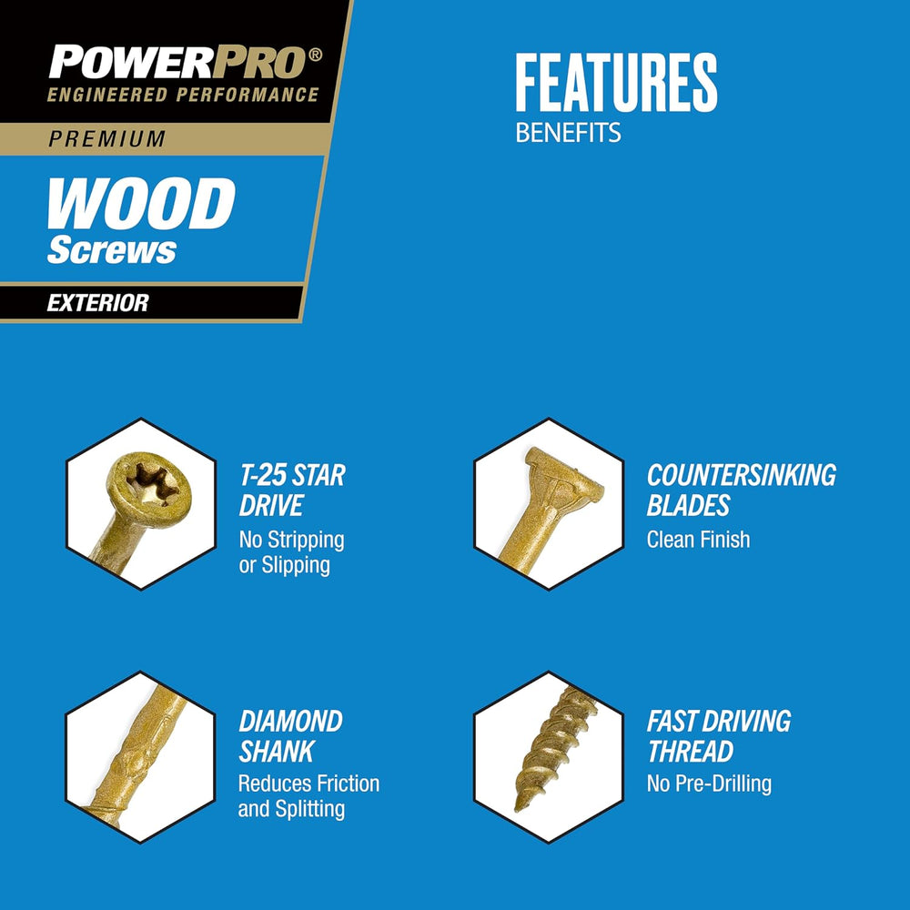 Power Pro Exterior Wood Screws, #9 x 3in Flat Head, 2000 Pieces, Bronze