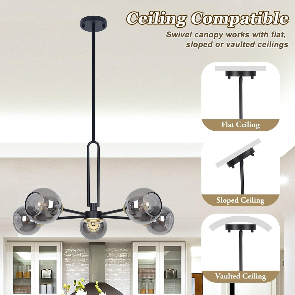 5-Light Black Sputnik Smoked Glass Ceiling Light Globe Chandelier