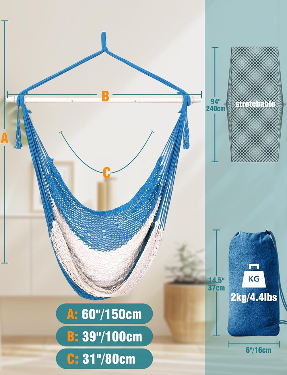 Chihee Handwoven Hammock Chair 7.9ft Detachable Strong Metal Spreader Bar