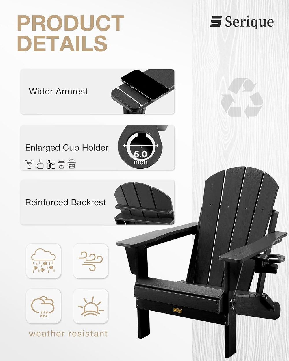 Folding Adirondack Chair Wood Texture, Patio Chairs Weather Resistant, Outdoo...