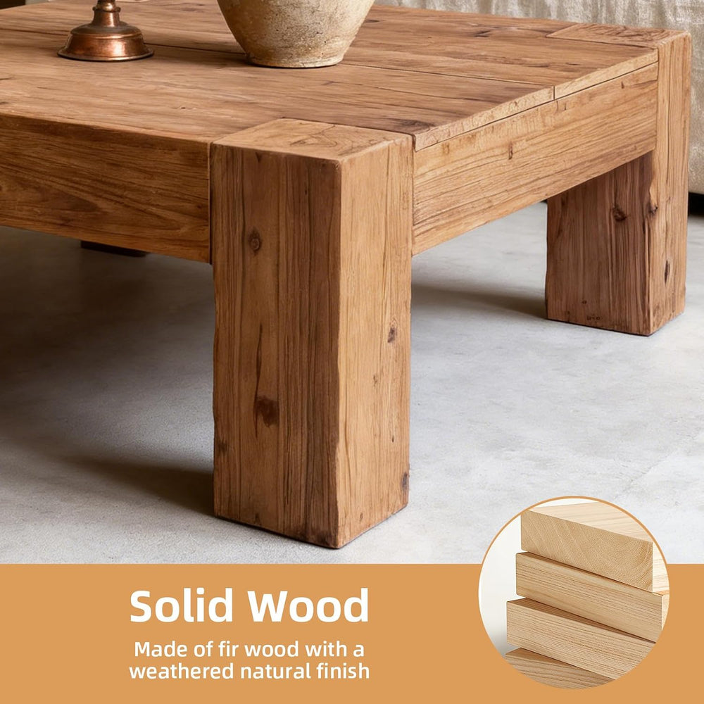 Rustic Wooden Coffee Table for Living Room, Big Square Coffee Table