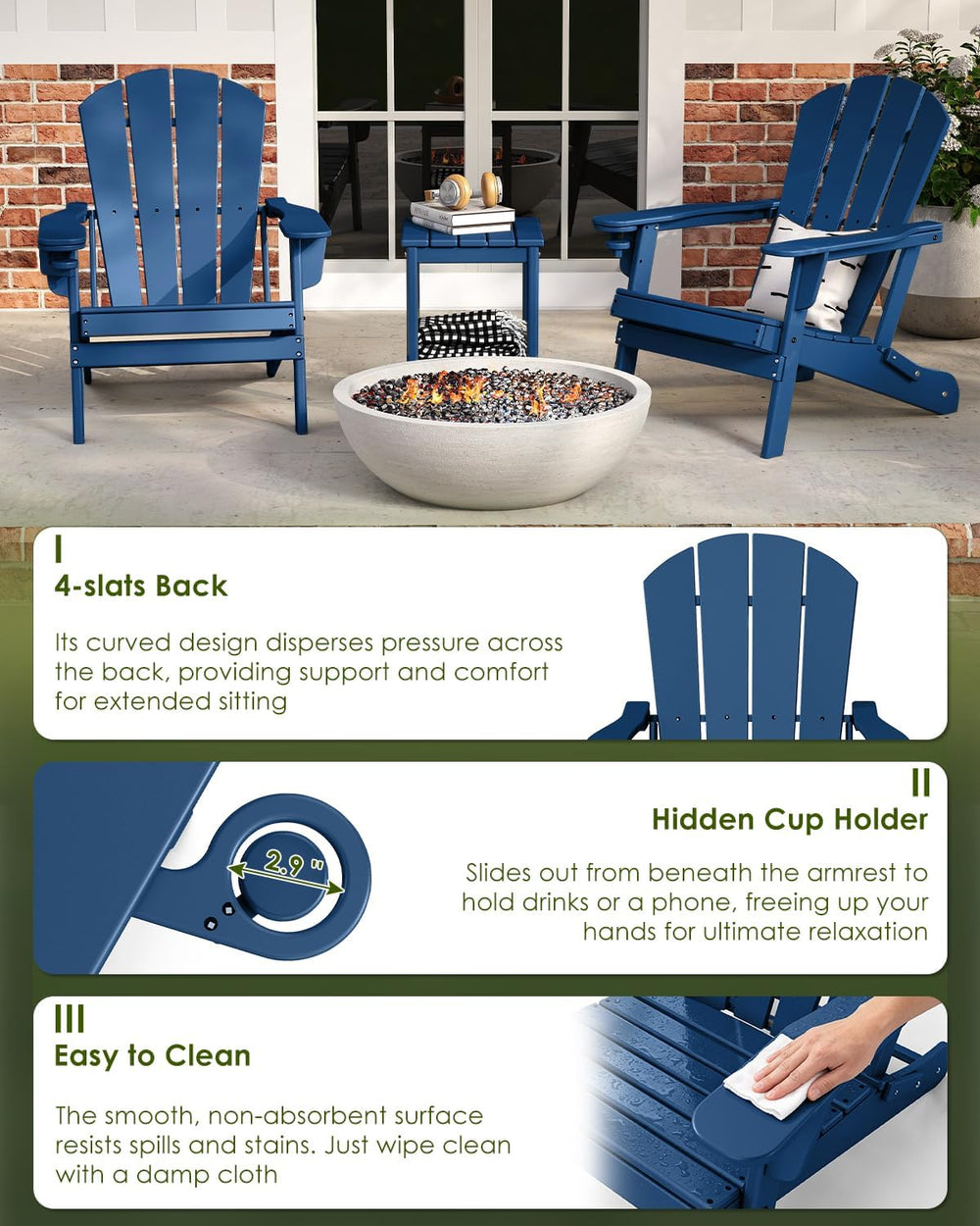 GREENVINES Folding Adirondack Chairs Set of 4 w/Cup Holder, HDPE, Blue