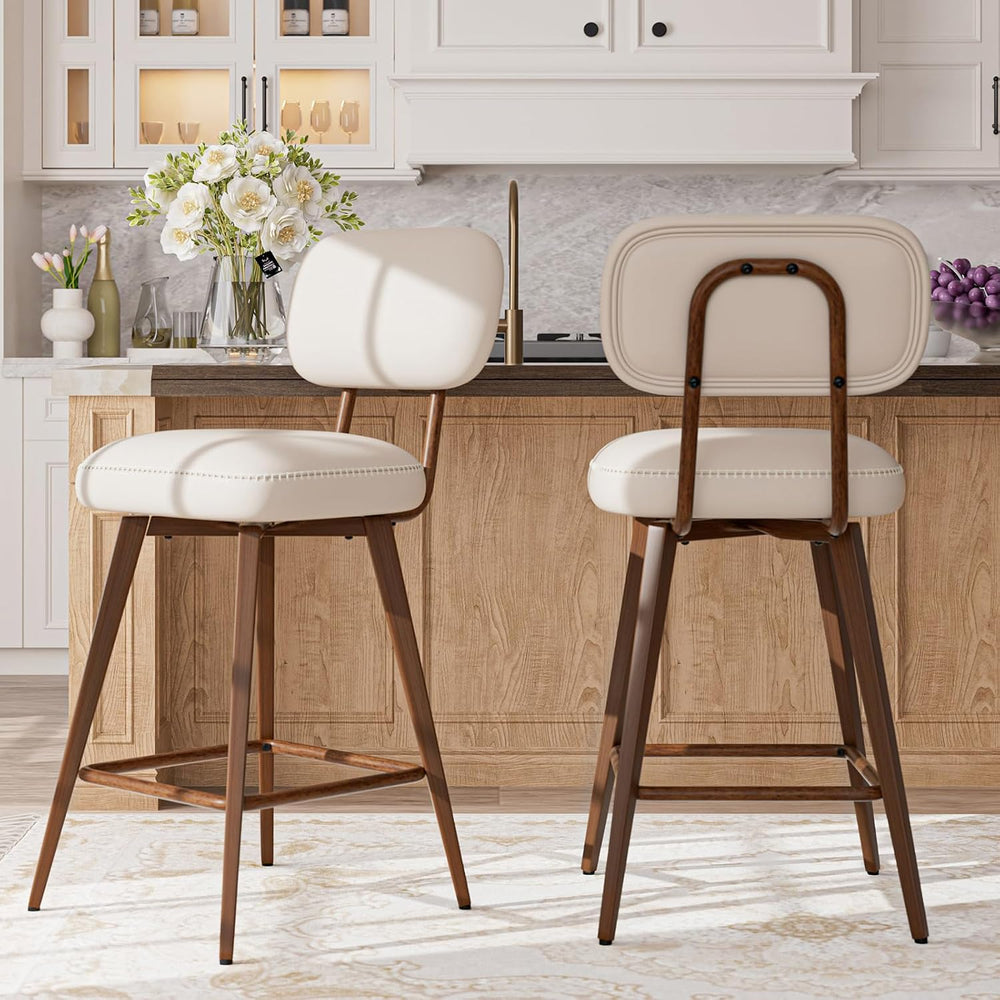 MALOL 26“ Mid Century Leather Swivel Bar Stools Set of 2, Beige