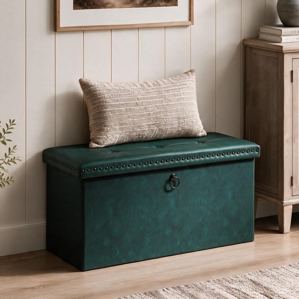 oakvivo Folding Storage Ottoman Bench, Leather Foot Rest Stools with Rivet De...