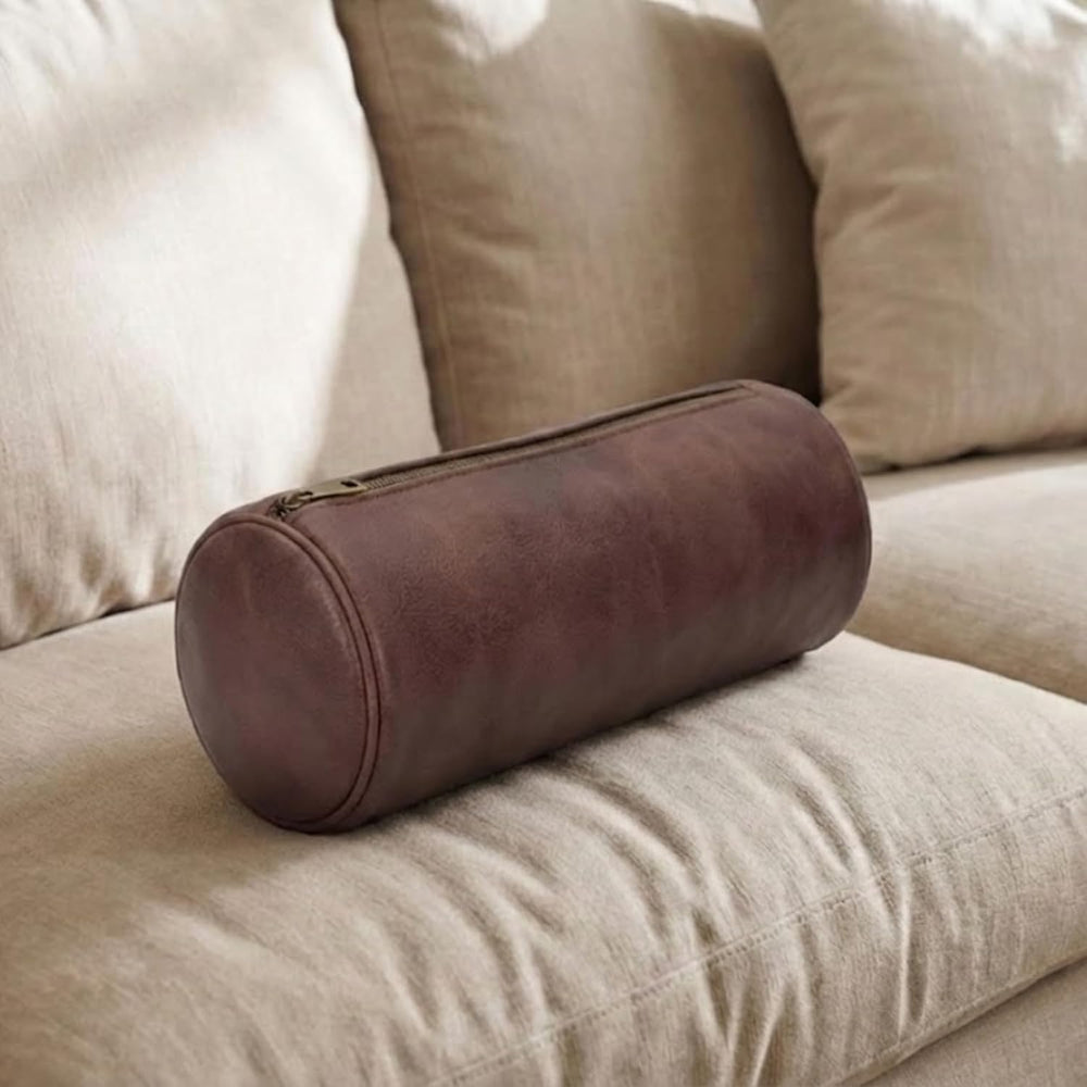 Genuine Leather Bolster Cylinder Pillow Cover Case for Lumbar Throw Couch Pil...