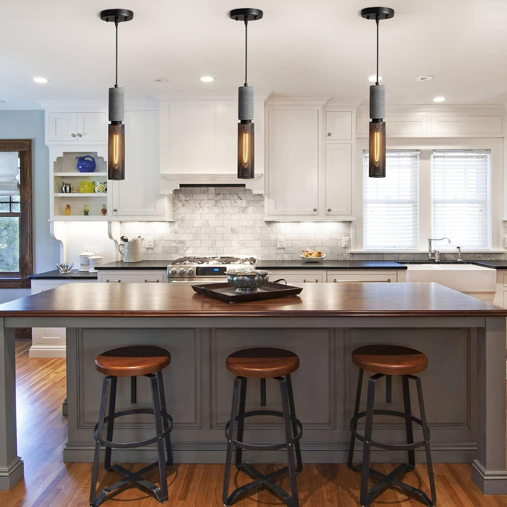 Concrete Linear Pendant Light with a Metal Mesh Shade,Modern Industrial Hangi...