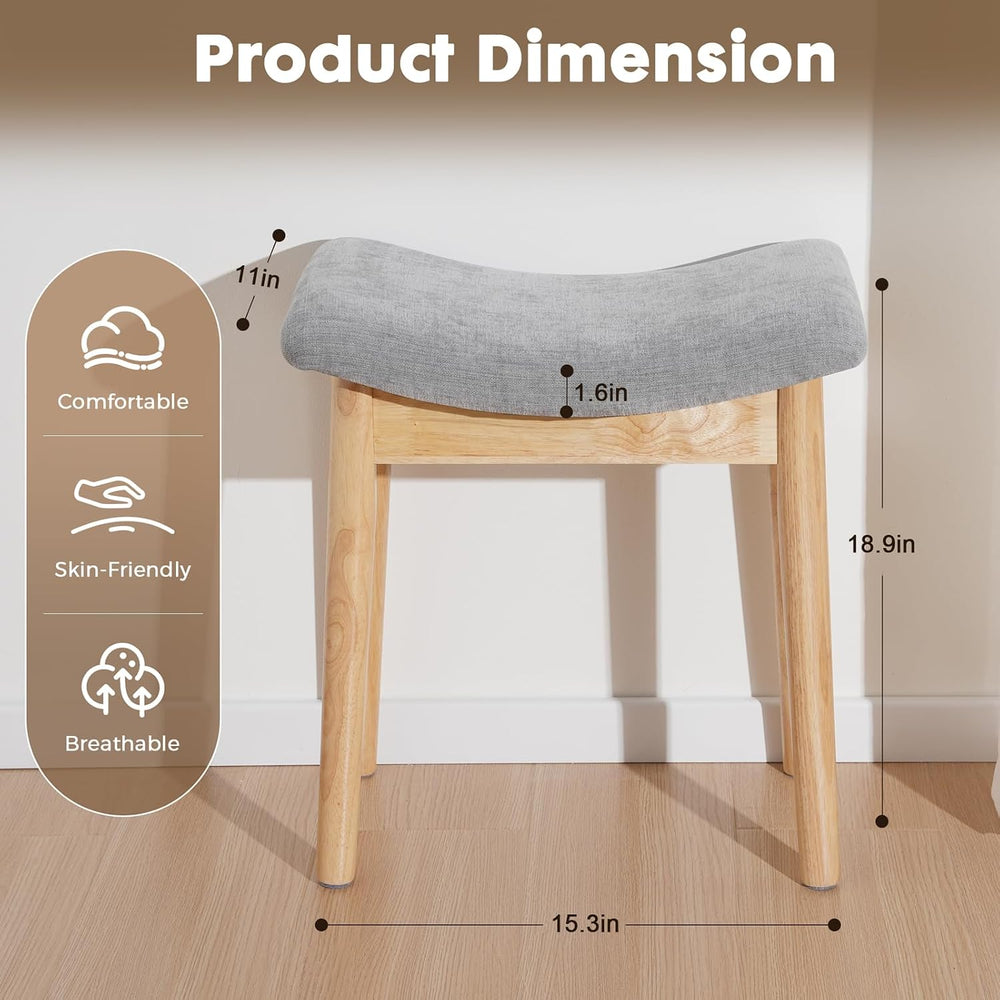 18" Small Vanity Chair Ottoman Bench Saddle Cushion Linen LightGray