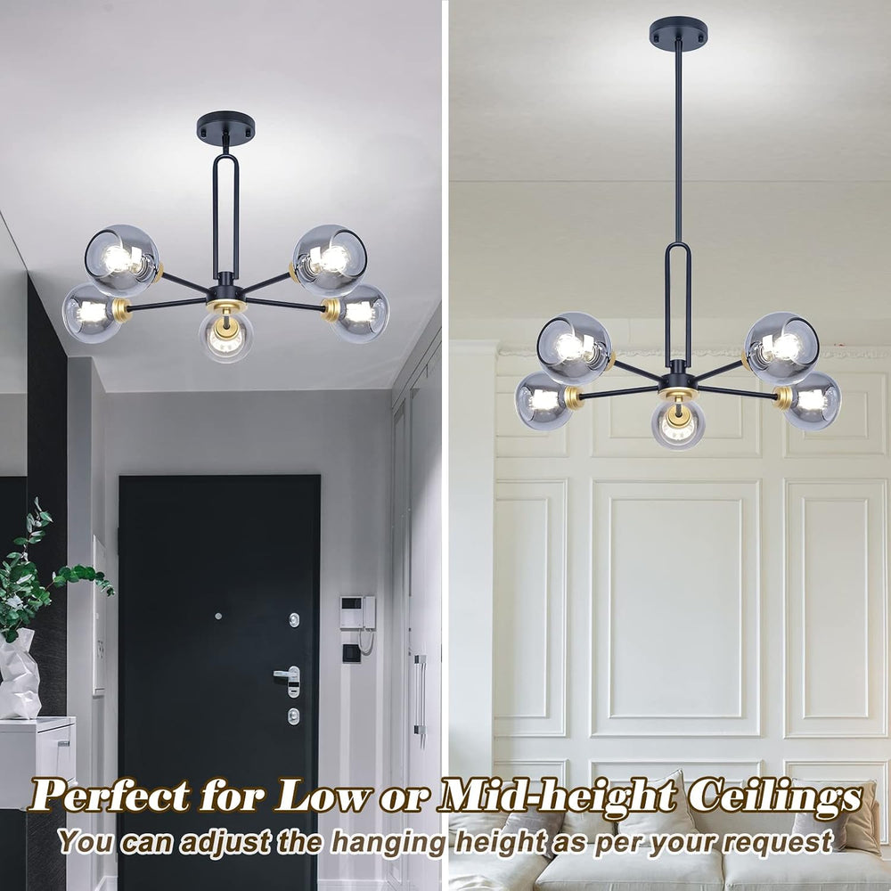 5-Light Black Sputnik Smoked Glass Ceiling Light Globe Chandelier