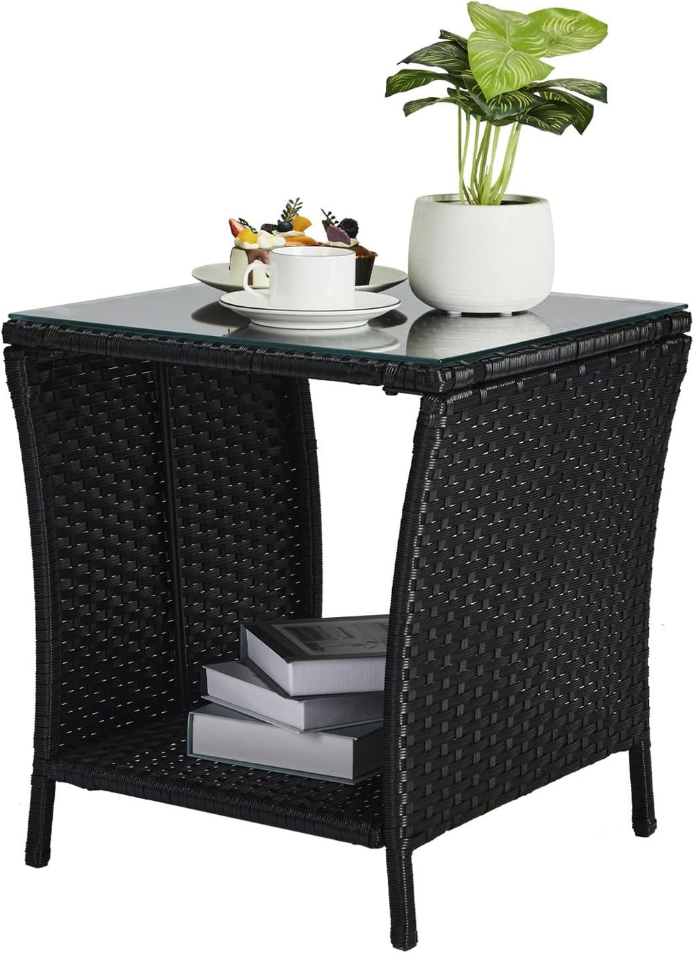 VINGLI Outdoor Wicker Side Table Patio Side Tables for Outside, Tempered Glas...
