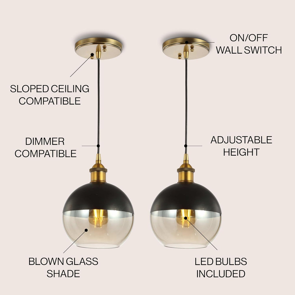 JONATHAN Y Nixon 1-Light 7.5" Globe Pendant, Brass Gold/Black, Set of 2