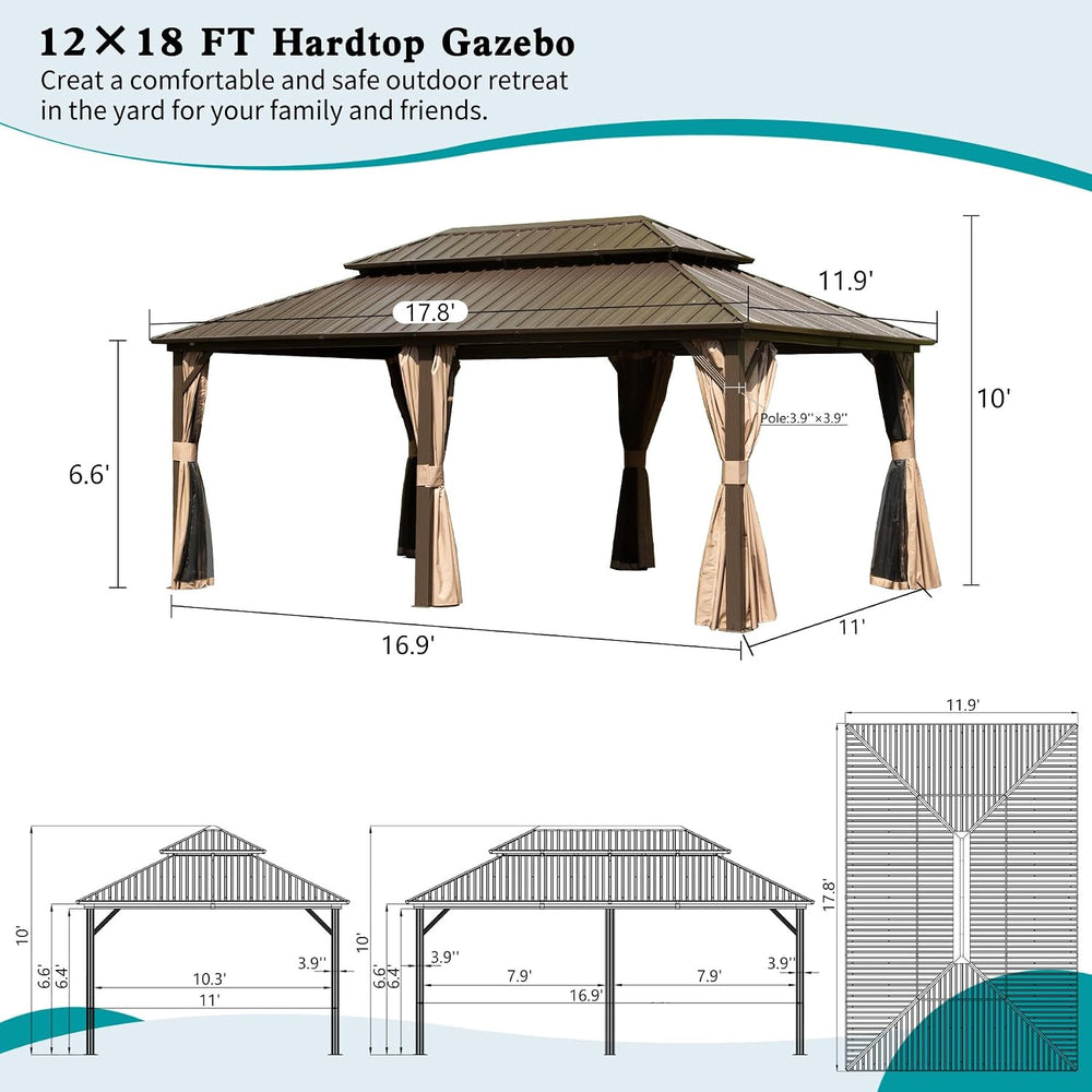 Domi 12x18 Outdoor Hardtop Gazebo, Metal Gazebo for Patios, Brown