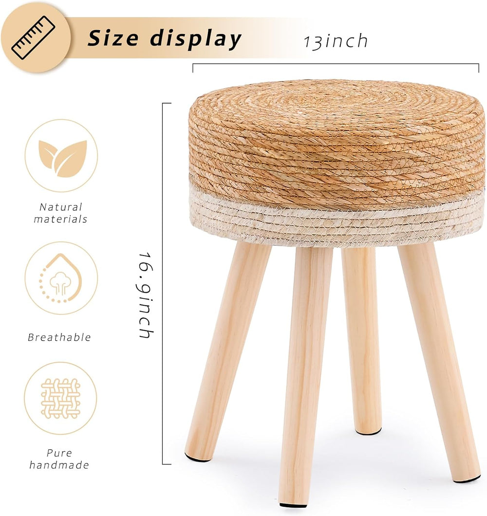 Handwoven Outdoor Ottoman, Water Hyacinth Pouf Round Patio Footstool with Woo...