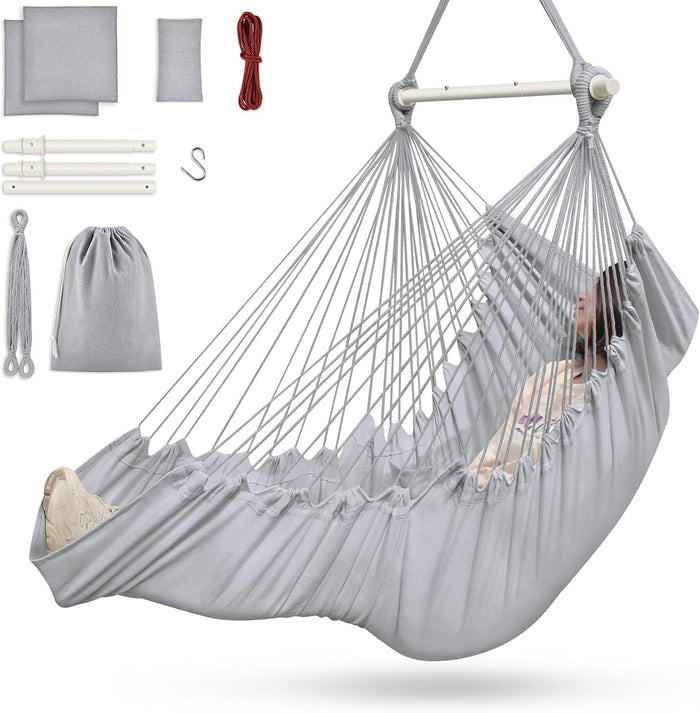 Outerman Hammock Chair, Hanging Chair with 3 Cushions and Foot Rest Support, Durable Metal Spreader Bar Max 440 Lbs, Swing Chair for Bedroom, Indoor & Outdoor, Patio, Porch or Tree(Gray)