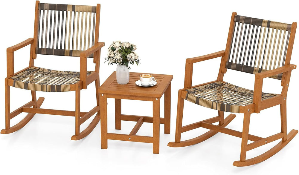 HAPPYGRILL 3 Pieces Rocking Bistro Set, PE Rattan Front Porch Chairs with Cof...